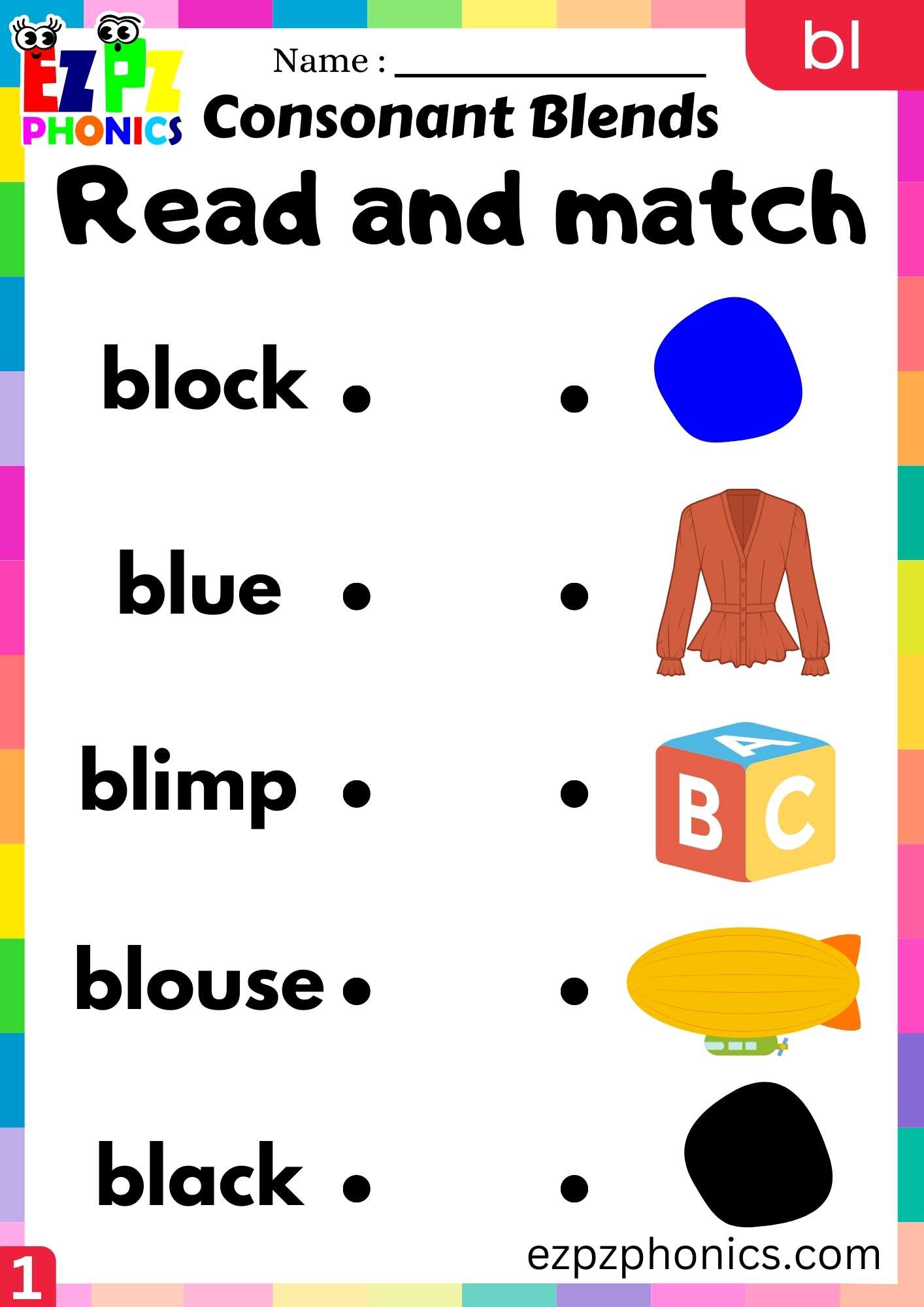 Group1 BL Words Read And Match Phonics Consonant Blends Worksheet